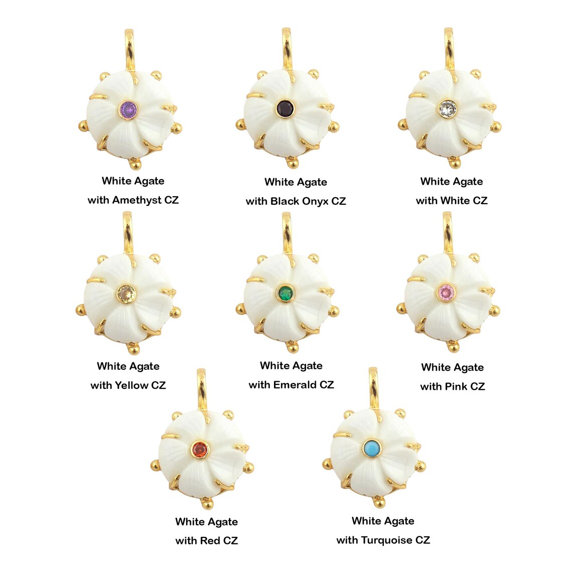 Carved White Agate Flower Pendant With CZ Accent